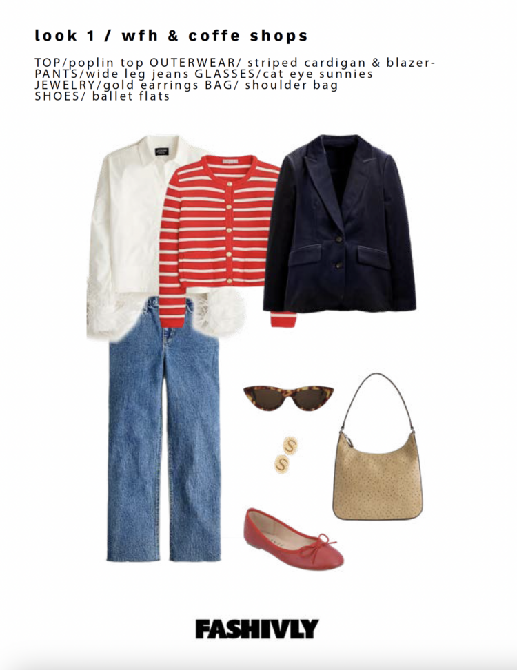 The first look from my Fashivly style guide features a white poplin button-down, straight-cut jeans, a red and white striped lady jacket style cardigan, navy velvet blazer, red ballet flats, a tan leather shoulder bag, small gold earrings, and tortoise cat eye sunglasses